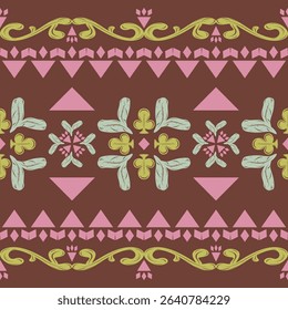 Pink Triangle Boho Style with Scroll Ornament Greenish Mint on Dark Brown Background Luxury Vintage Decoration Pattern. Sweet Kind of Abstract Detailed for Textile Border Embroidery Sleeve Neck Collar