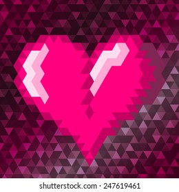 Pink triangle heart on the pink colored background. Vector illustration.