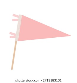 Bandera de banderín de triángulo rosa en palo de madera para celebración y anuncio. Elemento de diseño minimalista para gráfico y Diseño web.