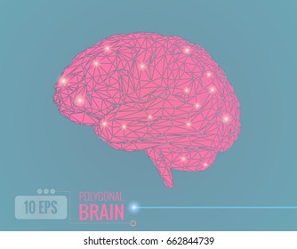 Pink triangle polygonal wireframe brain isolated on light blue background