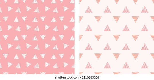 Pink Triangles Abstract Seamless Pattern Nursery Cute Geometric Design Vector Illustration Set