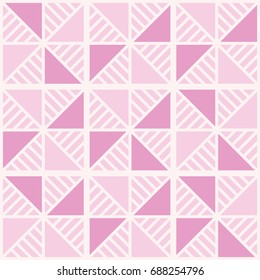Pink triangles and light stripes. Seamless simple geometric background. Excellent vector illustration for printing on fabrics, wallpapers, paper, packaging and other surfaces.