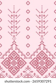 Patrón de bordado de píxeles tribales de color rosa en tonos rosas suaves. Ideal para el diseño de la tela, punto de cruz, arte popular digital, artesanías étnicas y fondos textiles sin costuras.