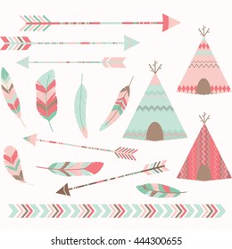 Pink Tribal Tee Pee Tents Set.Arrow,Border,Feather.Vector Illustration