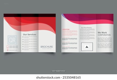 Pink trifold brochure with waves. Ready Brochure Template.