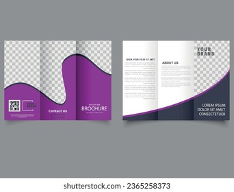 Pink trifold brochure with waves. Vector editable template