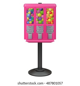 pink triple pod vend candy and gumball vending machine with colorful bubble gum balls. vector illustration