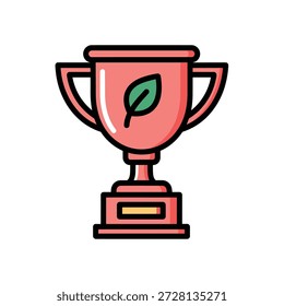 Pink trophy cup with green leaf on white background symbolizing eco friendly achievement and victory