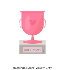 Pink trophy cup for mom. With the inscription "Best Mom." Congratulations on Mother's Day, Women's Day, Mom's Birthday. Vector eps 10 on white background, suitable for print, t-shirt design, postcard.