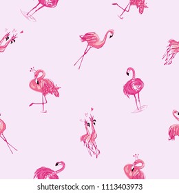 Pink tropic pattern with flamingo. Vector seamless background with hand drawn flamingo birds. Fashion pattern backdrop for wallpapers design.