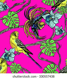 pink tropic pattern for wallpaper with parrots