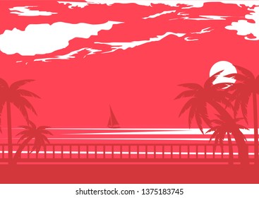 pink tropical beach and boat sailing away,promenade, beautiful clouds and palm trees flat vector illustration