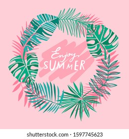 Pink tropical circle summer frame. Tropic leaves vector summer background. Jungle plant banner