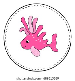 Pink tropical fish isolated on white background. Coral fish cartoon vector illustration. Underwater animal handdrawn patch. Aquarium fish drawing. Tropical sea animal clipart. Marine fauna character