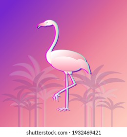 Pink tropical flamingo illustration. Beautiful wild exotic bird with palm trees.