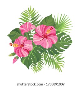 Pink tropical flowers bouquet. Floral composition with hibiscus and palm leaves. Vector illustration.