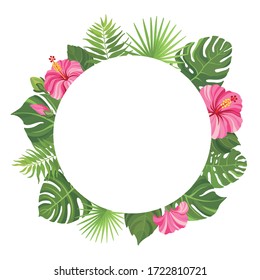 Pink tropical flowers and green leaves frame template. Hibiscus floral border with place for text. Vector illustration.