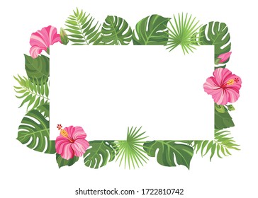 Pink tropical flowers and green leaves frame template. Hibiscus floral border with place for text. Vector illustration.