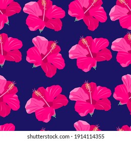 rosafarbene tropische Blumen. nahtloses Muster. exotische Paradiesblumen. helle Stock-Vektorgrafik auf dunklem Hintergrund.