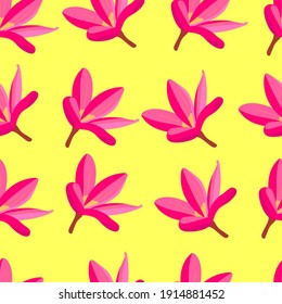 pink tropical flowers. seamless pattern. exotic paradise flowers. bright stock vector illustration on a yellow background.