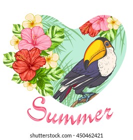 Pink tropical flowers and toucan. Summer background with floral heart.