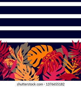 Pink tropical forest. Seamless tropical border with botanical motifs. Aloha textile collection. On black stripped background.