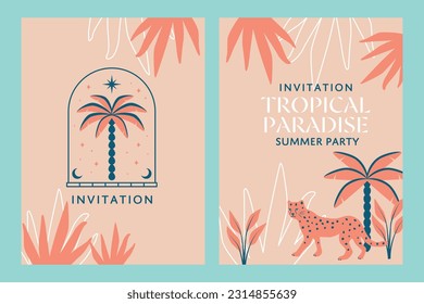 Pink tropical invitation design background set. Vector card design template with exotic plants and animals. 