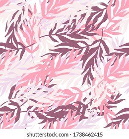 Tapete aus rosa tropischem Blatt. Abstrakte Dschungelpflanzen Silhouette lässt nahtloses Muster. Design für Stoffdesign, Textildruck, Packpapier, Abdeckung. Illustration von Modevektor