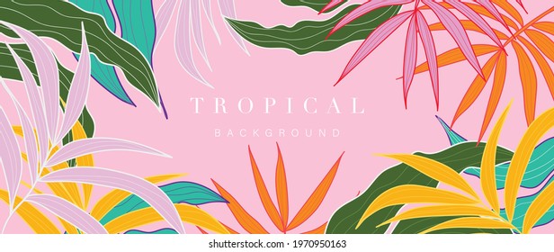 Pink tropical leaves background vector. Wallpaper design with watercolor art texture from palm leaves, Jungle leaves, monstera leaf, exotic botanical floral pattern. 