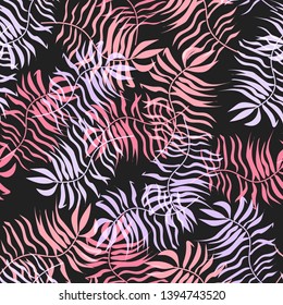 Pink tropical leaves floral print seamless pattern. Palm leaf for swimsuits endless background. Exotic leaves tropical vector print fabric.