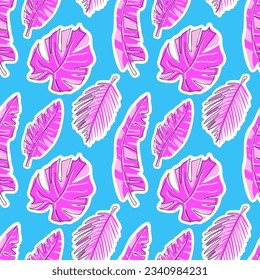 Pink tropical leaves on a bright bare background. Seamless pattern, flat style. Vector. Ideal for textiles, wallpapers, stationery, and more, adding a touch of tropical charm 