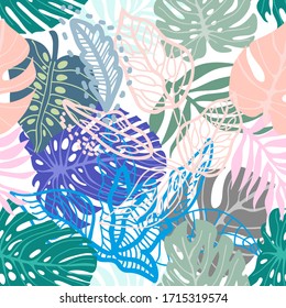 Pink tropical leaves. Seamless pattern with floral elements. Aloha textile collection. Template for textile design, cards, covers.
