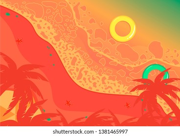 pink tropical ocean  beach in sunset colours, view from the above. summer nature background, vector sea and palm trees illustration