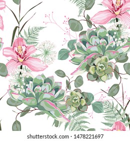 Pink tropical orchid flowers with herbs and succulent bouquet seamless pattern. Watercolor style Illustration. White background. Trendy spring flower wallpaper or fabric.