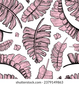 Pink tropical palm leaves vector seamless pattern with jungle plants. Hand drawn exotic nature for monstera prints, wrapping, fabric or wallpapers