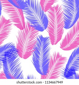 Pink Tropical Palm Tree Leaves. Vector Seamless Pattern. Simple Silhouette Coconut Leaf Sketch. Summer Floral Background. Wallpaper of Exotic Palm Tree Leaves for Textile, Fabric, Cloth Design, Tile.