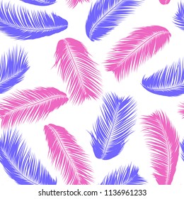 Pink Tropical Palm Tree Leaves. Vector Seamless Pattern. Simple Silhouette Coconut Leaf Sketch. Summer Floral Background. Wallpaper of Exotic Palm Tree Leaves for Textile, Fabric, Cloth Design, Tile.