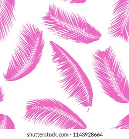 Pink Tropical Palm Tree Leaves. Vector Seamless Pattern. Simple Silhouette Coconut Leaf Sketch. Summer Floral Background. Wallpaper of Exotic Palm Tree Leaves for Textile, Fabric, Cloth Design, Tile.