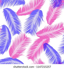 Pink Tropical Palm Tree Leaves. Vector Seamless Pattern. Simple Silhouette Coconut Leaf Sketch. Summer Floral Background. Wallpaper of Exotic Palm Tree Leaves for Textile, Fabric, Cloth Design, Tile.