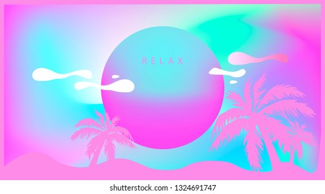 Pink Tropical palm tree in retro style. Futuristic.Relax beach background. Liquid wave. Synthwave style 80s - 90s. Vaporwave. Retrowave. Vector Holographic effect