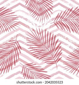Pink tropical seamless pattern, palm leaves vector background. Exotic plant on chevron stripes print. Summer watercolor zigzag lines jungle print