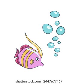 Pink tropical striped fish swimming among blue water bubbles vector illustration