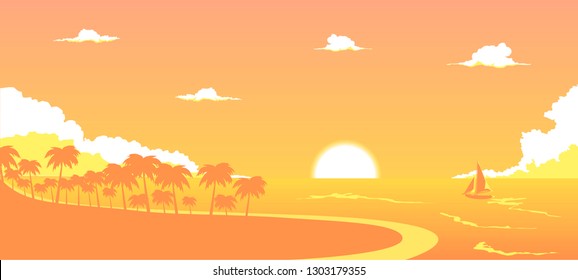 pink tropical sunset on the beach, boast sailing to cloudy horizon vector flat illustration