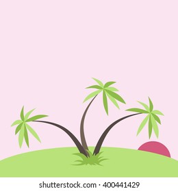 Pink tropical sunset with three green palm trees and grass. Holiday, romance, exotic, travel and relaxation concept. EPS 8 vector illustration, no transparency