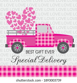 Pink truck and buffalo plaid heart shape for valentine or wedding greeting card