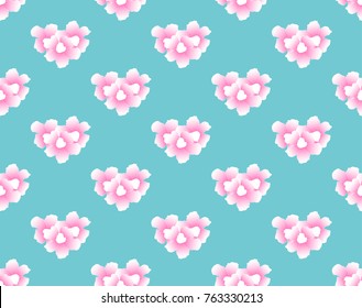 Pink Trumpet Flower Seamless on Blue Mint Background. Vector Illustration.