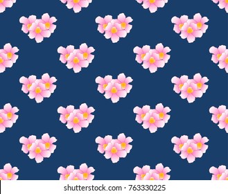 Pink Trumpet Flower Seamless on Indigo Blue Background. Vector Illustration.