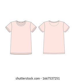 Pink t-shirt isolated isolated on white background. Sportswear, casual urban style. Front and back technical sketch kids clothes. Fashion vector illustration