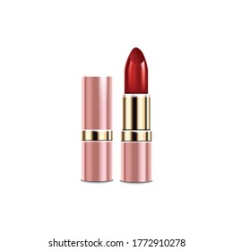 Pink tube of red lipstick with realistic gold texture - isolated mockup of glossy luxury makeup product packaging on white background, vector illustration