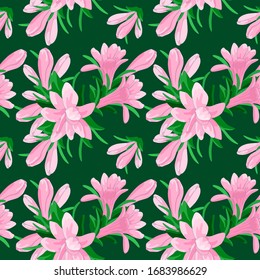 Pink tuberose on green backdrop. Elegant floral set seamless pattern for apparel, wrap paper, sleeper, bath tile or bed linen. Phone case or cloth print art. Minimal style stock vector illustration